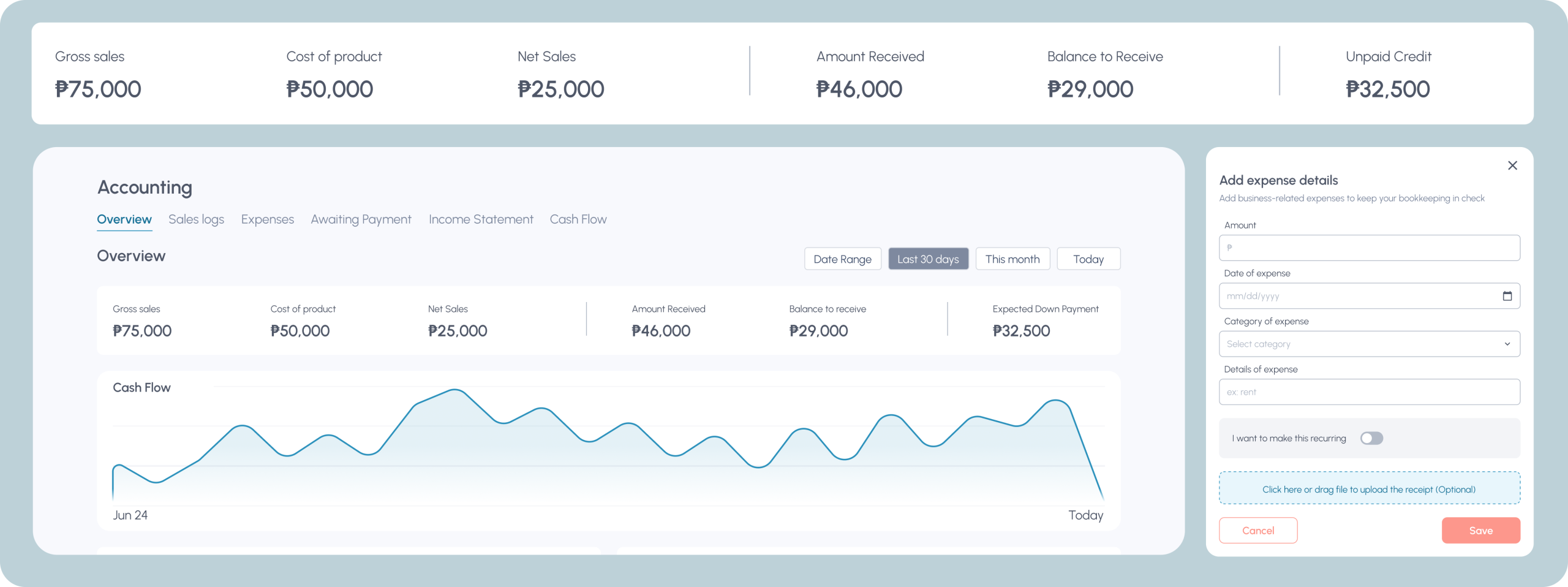 Tinda Tools accounting view with sales log, cash flow, awaiting payments, and income statement for a pasabuy seller