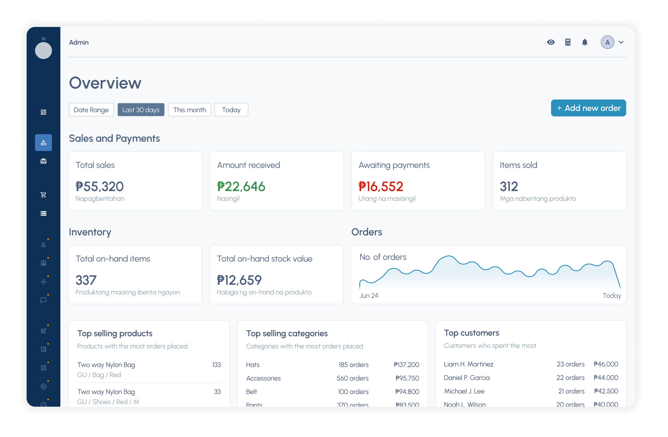 Tinda Tools admin dashboard showing a pasabuy business's orders, revenue, and top products at a glance